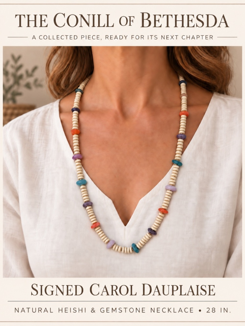 Vintage Carol Dauplaise Signed Boho Gemstone Heishi Necklace 28”